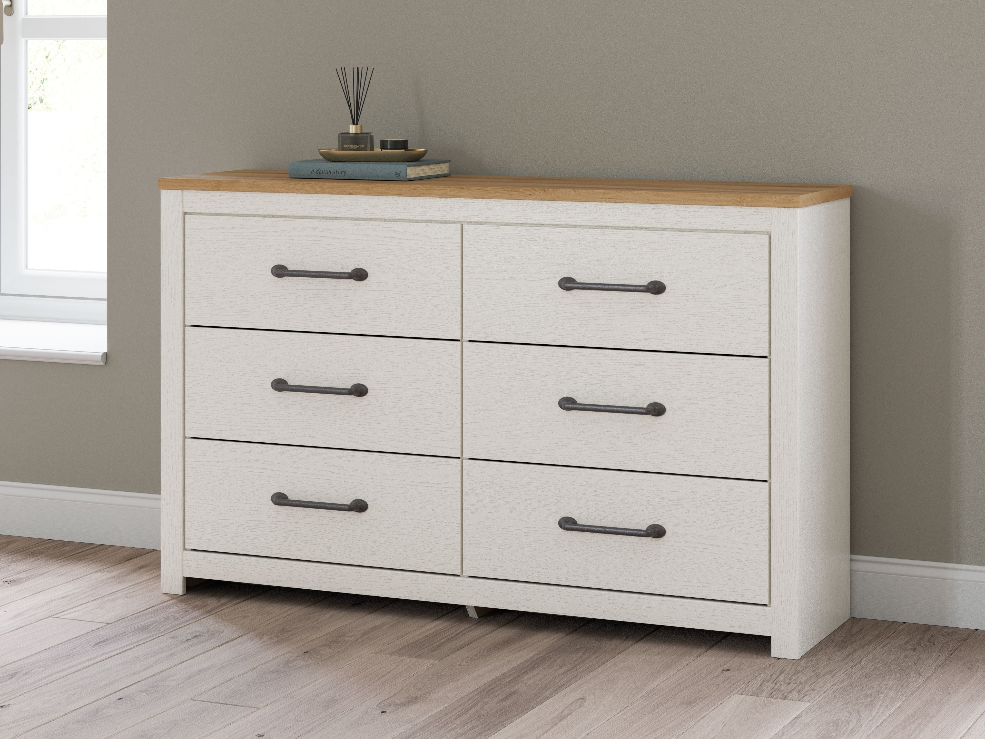 Linnocreek - Blanc / Brun chaud - Commode à six tiroirs