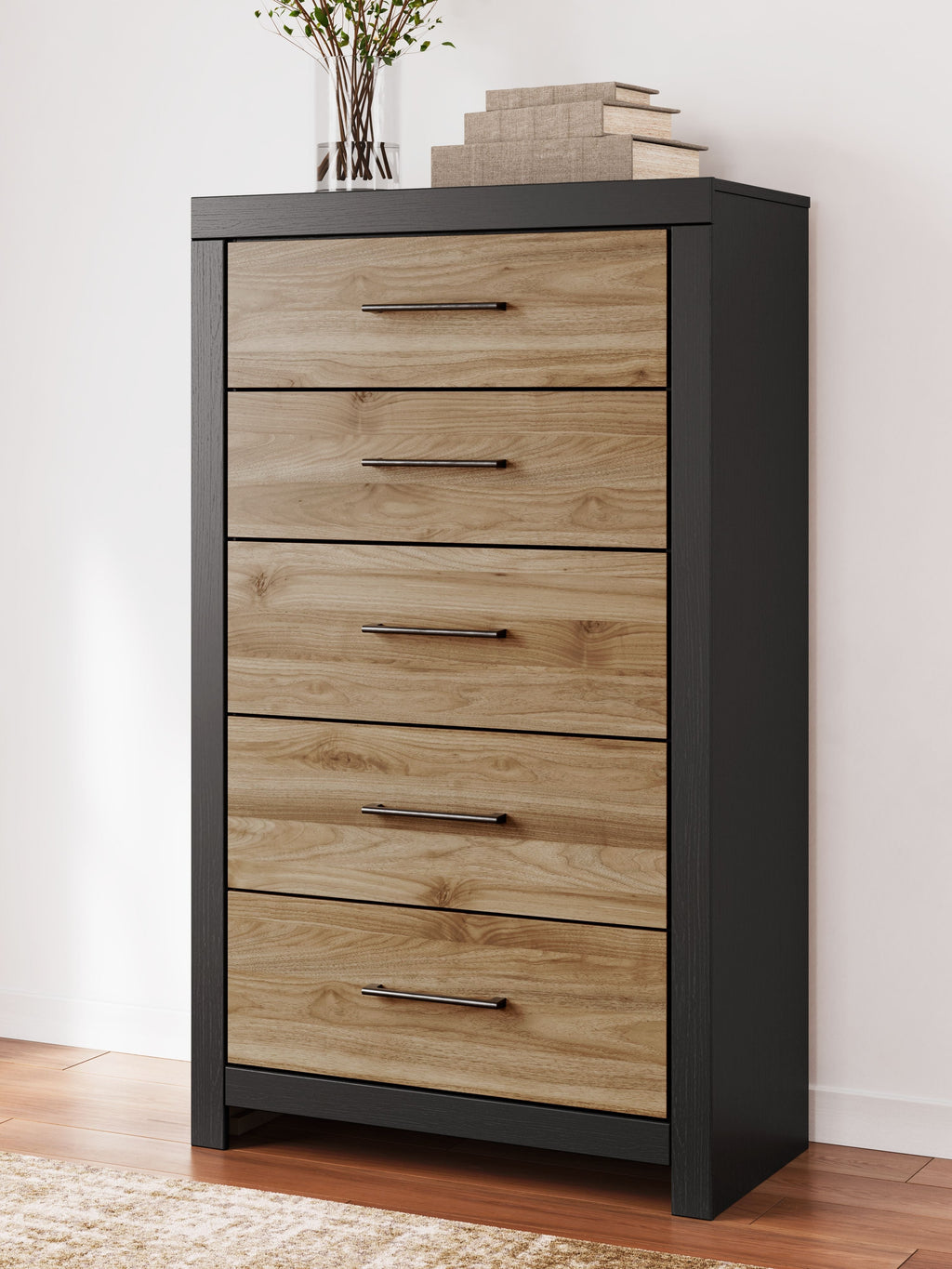Vertani - Noir / Marron miel - Commode cinq tiroirs