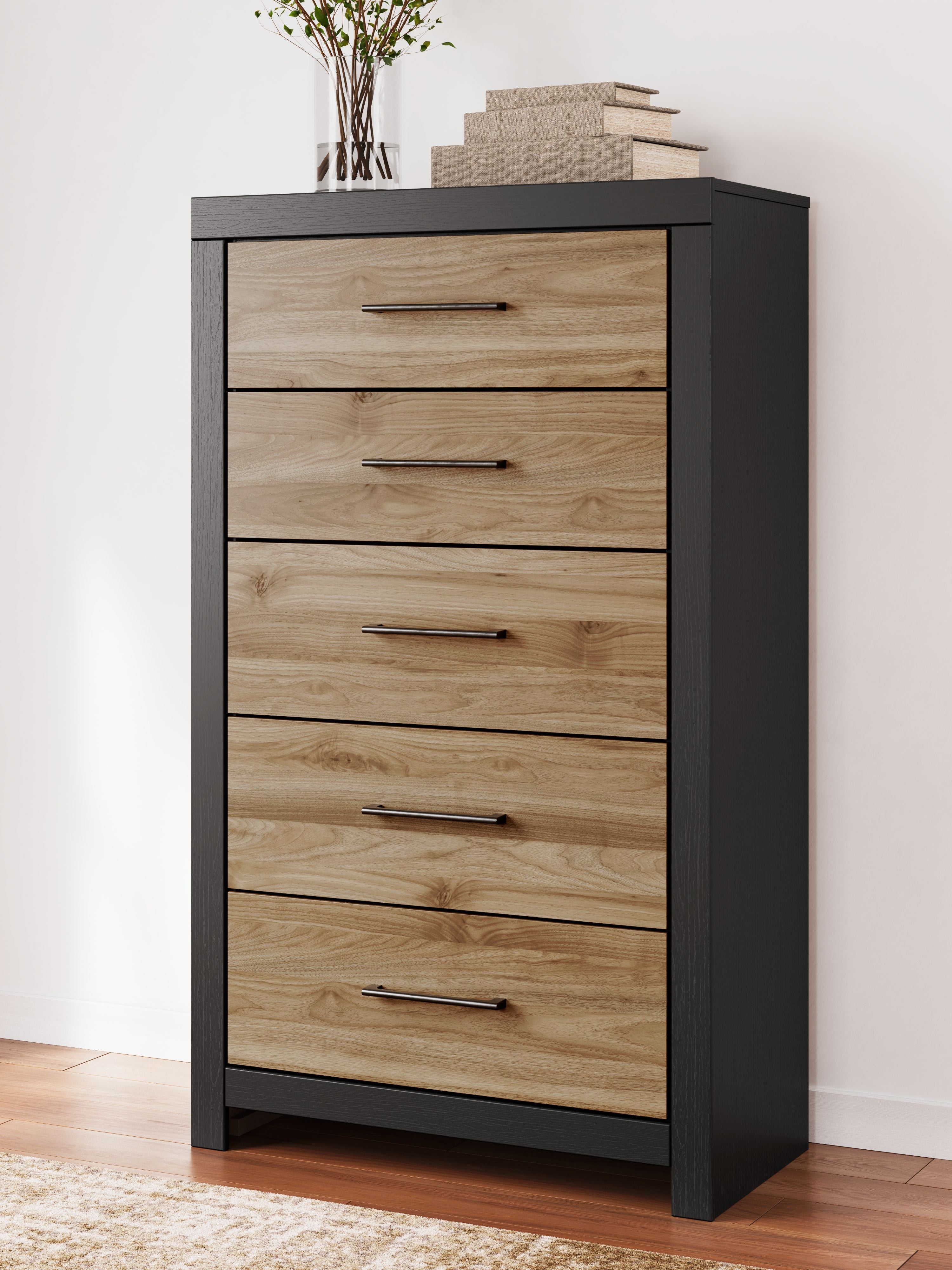 Vertani - Noir / Marron miel - Commode cinq tiroirs
