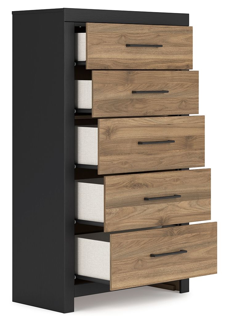 Vertani - Noir / Marron miel - Commode cinq tiroirs