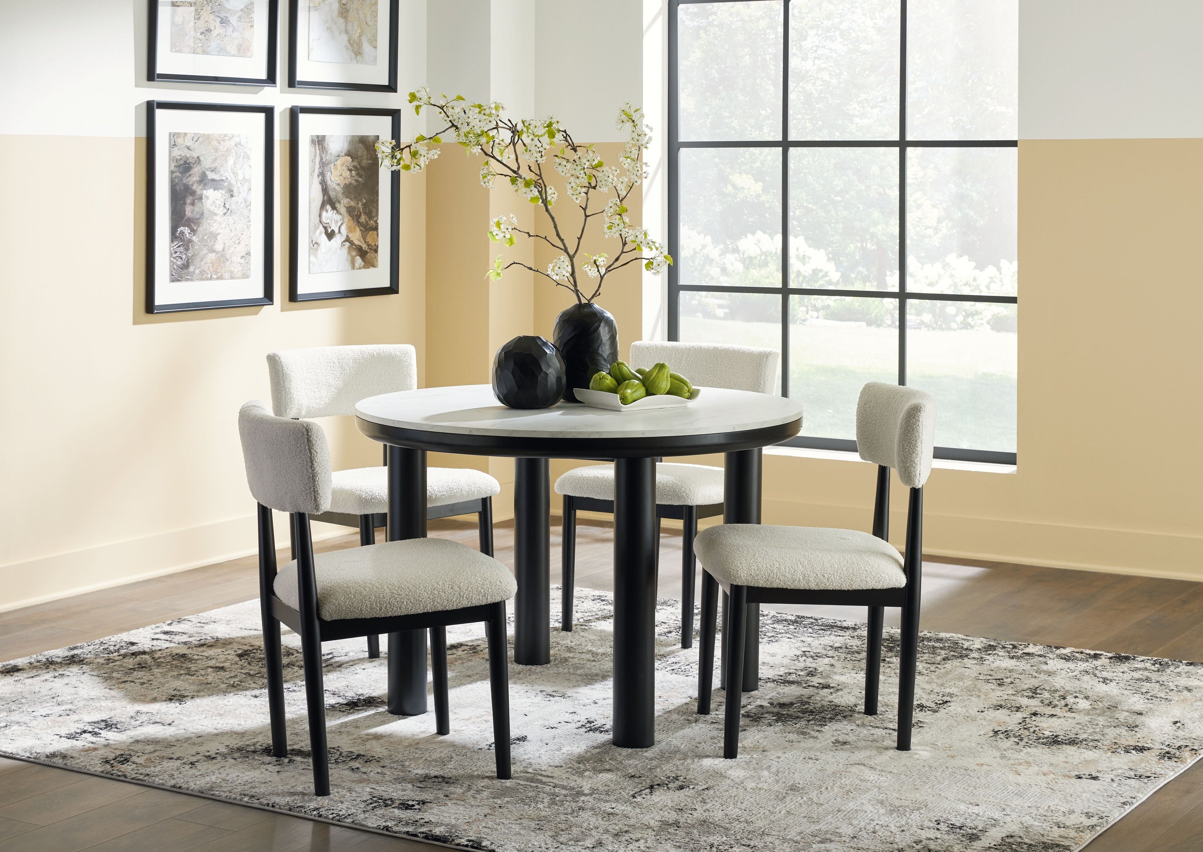 Xandrum - Blanc / Noir - Table de salle à manger ronde 5 pièces, 4 chaises d'appoint