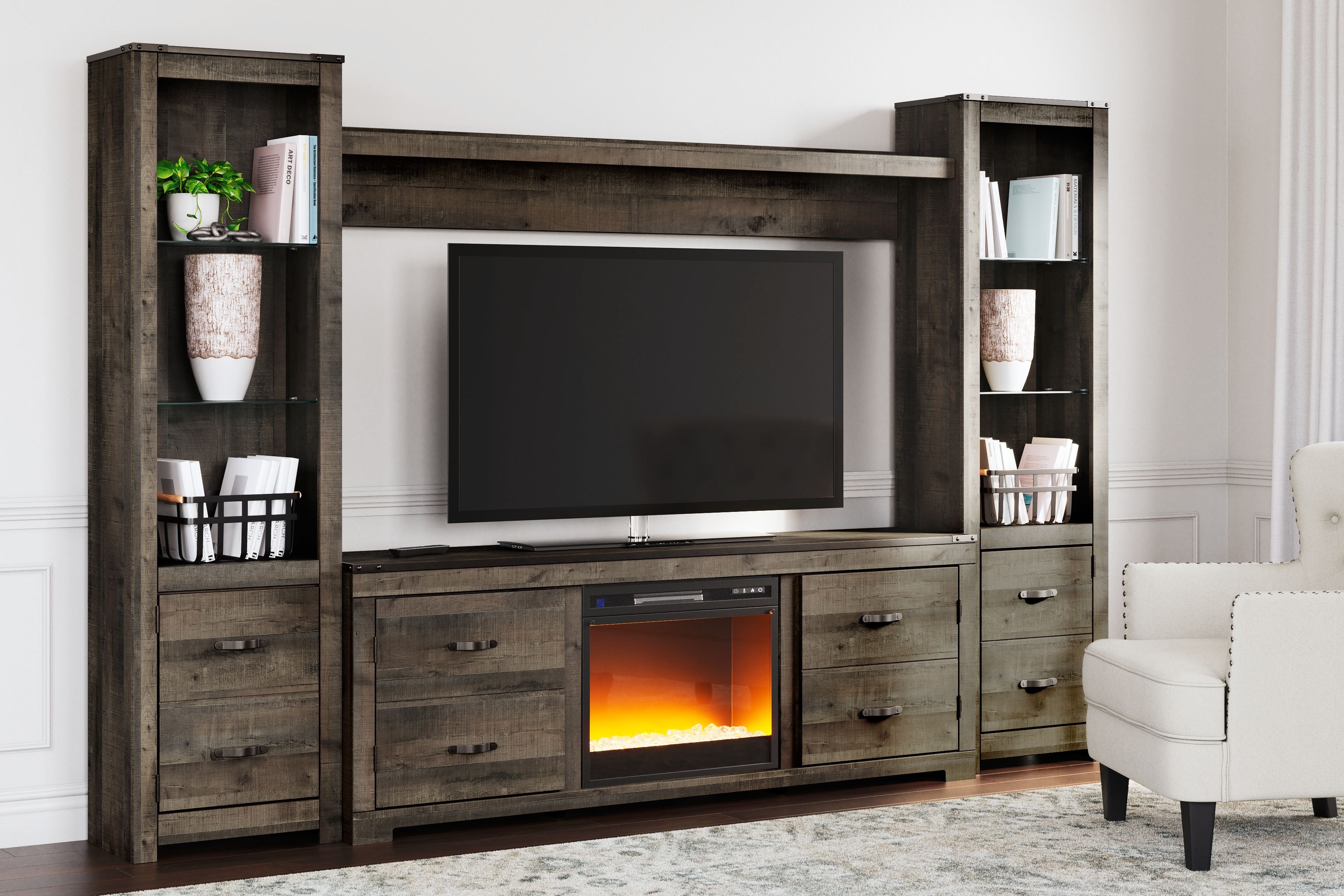 Trinell - Centre de divertissement 4 pièces avec meuble TV et insert de cheminée