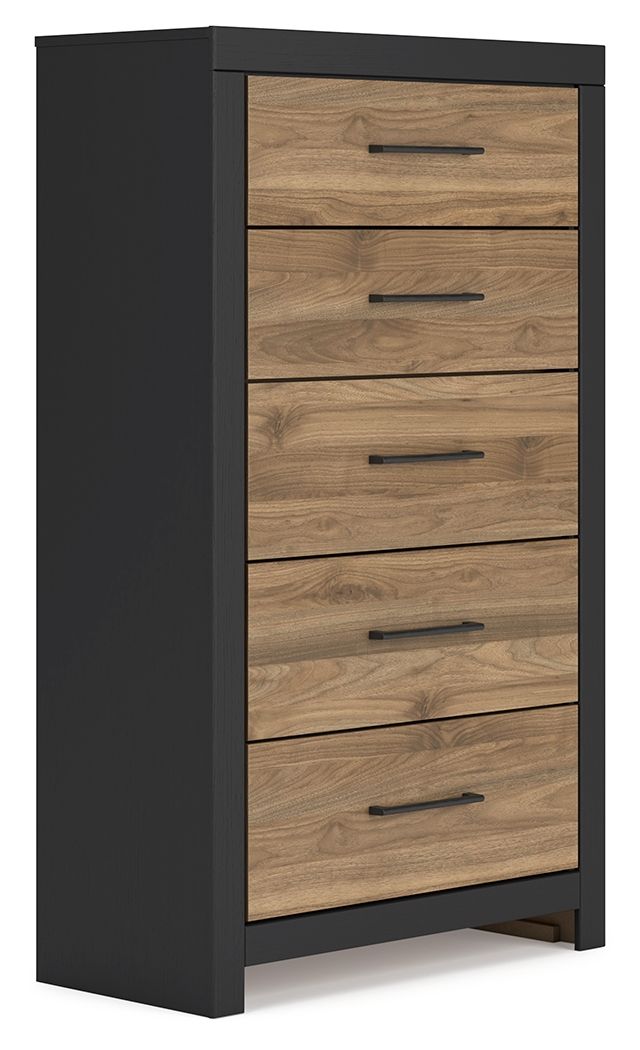 Vertani - Noir / Marron miel - Commode cinq tiroirs