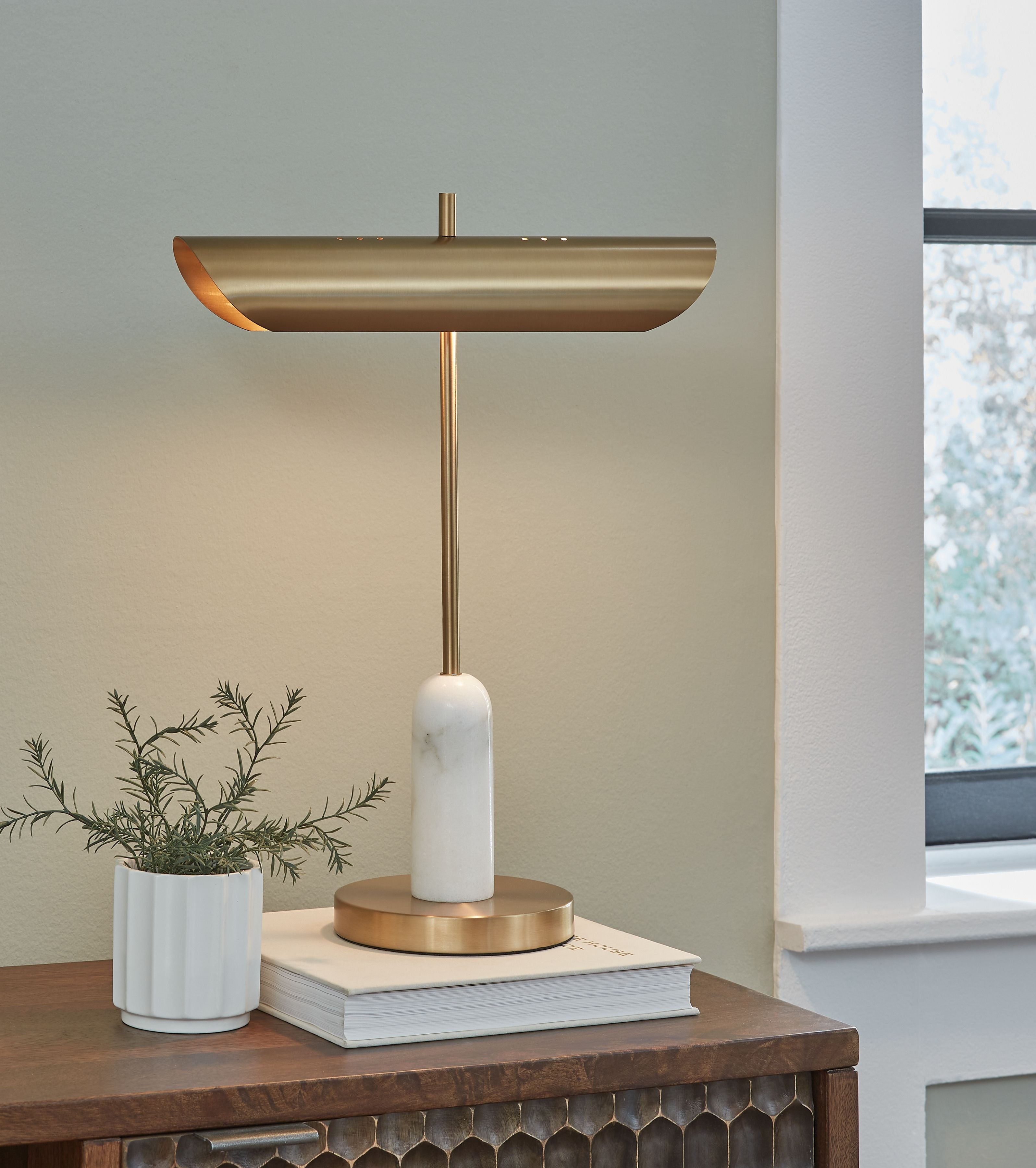 Rowleigh - Finition dorée / Blanc - Lampe de bureau en marbre