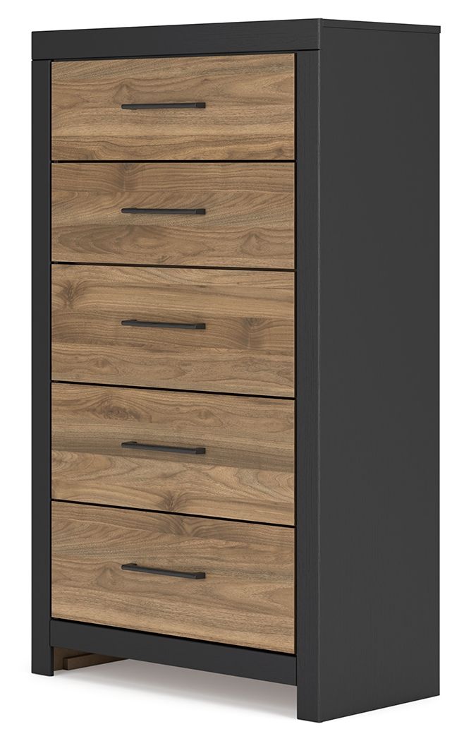 Vertani - Noir / Marron miel - Commode cinq tiroirs