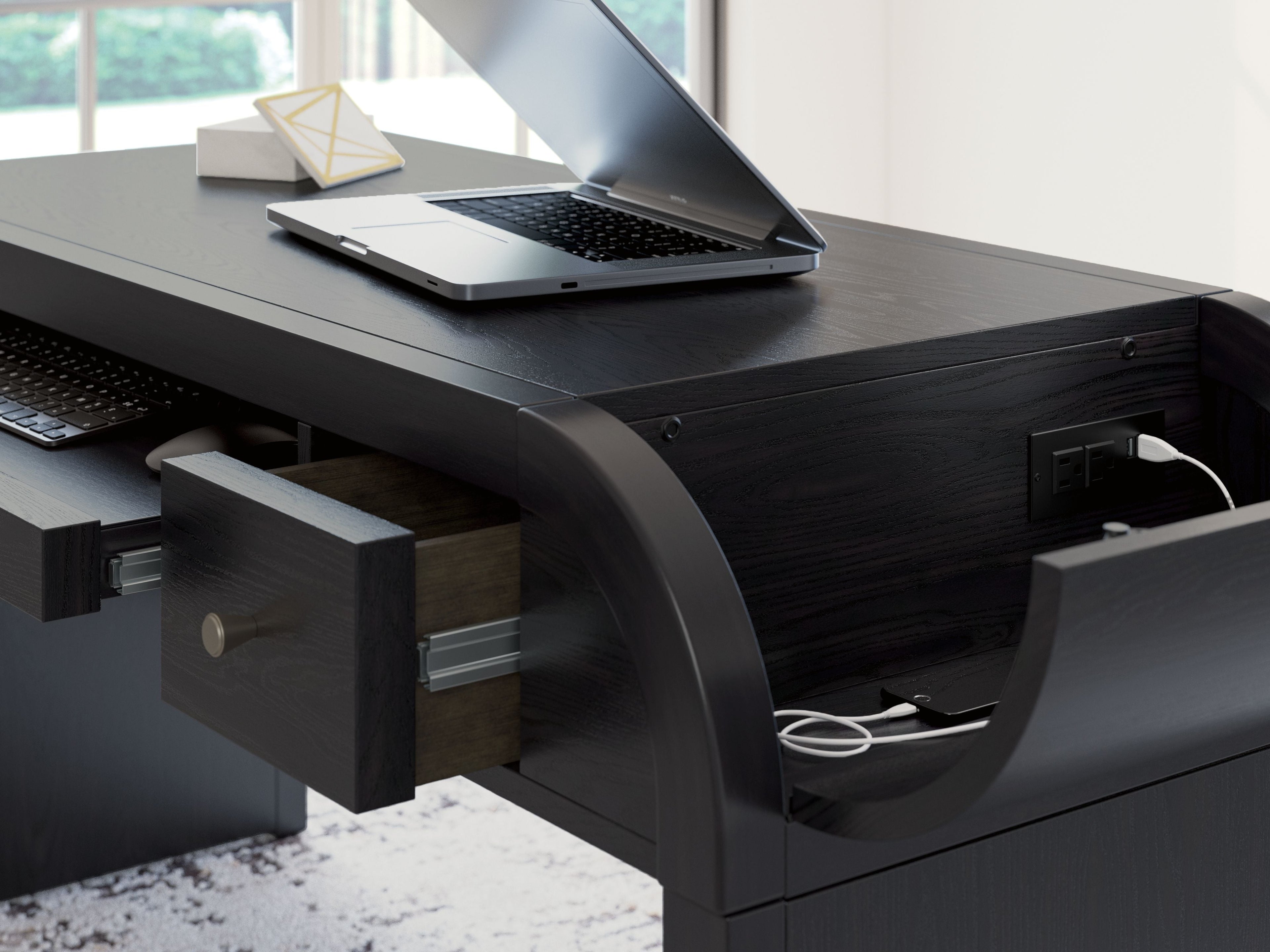 Rowanbeck - Noir - Ensemble 3 pièces - Bureau, chaise et bibliothèque